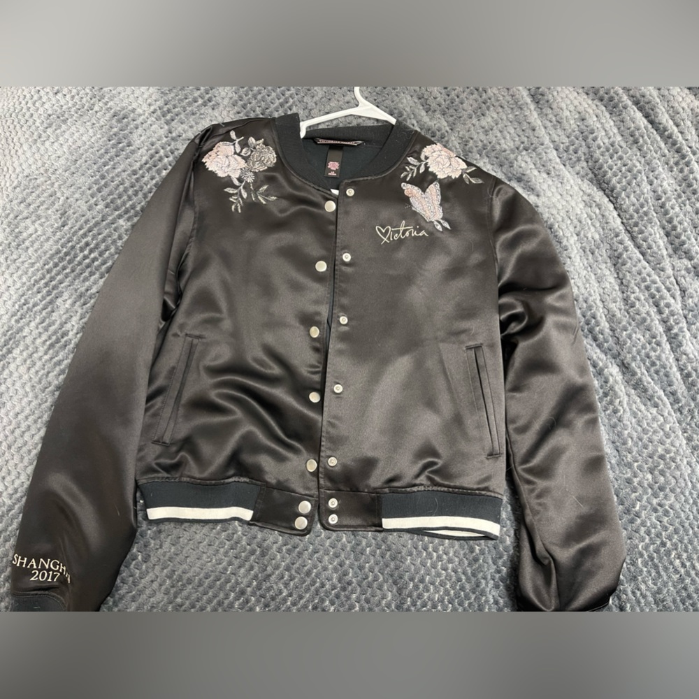 Victoria's Secret Black Satin Bomber Jacket with Floral Embroidery